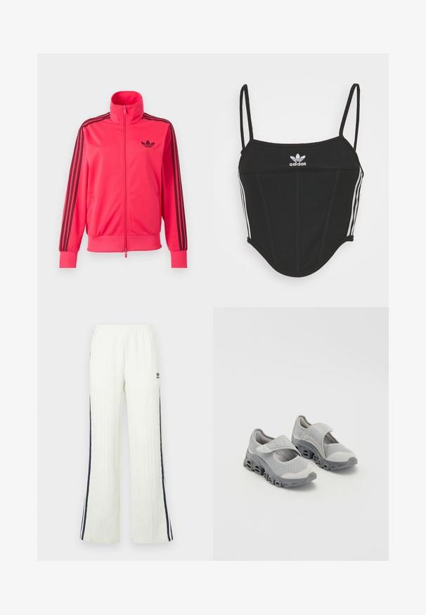 Knallpinkes Trainingsjacke mit Reißverschluss, schwarzem Adidas-Logo auf der Brust und drei schwarzen Streifen, die an jedem Ärmel herunterlaufen.; Schwarzes, geripptes Crop Top mit verstellbaren dünnen Trägern, das drei weiße Streifen an den Seiten und ein kleines weißes Adidas-Logo in der Mitte aufweist.; Helle cremefarbene Strickhose mit Zopfmuster und ausgestelltem Schnitt. Verfügt über dunkelblaue Seitenstreifen und ein Adidas-Logo an der Hüfte. Elastischer Bund.; Grau Schuhe aus leichtem Material mit einem Oberteil aus Netzgewebe und einer gepolsterten Zwischensohle. Besitzt einen Klettverschluss und eine abgerundete Zehe mit einem durchbrochenen Sohlen-Design.