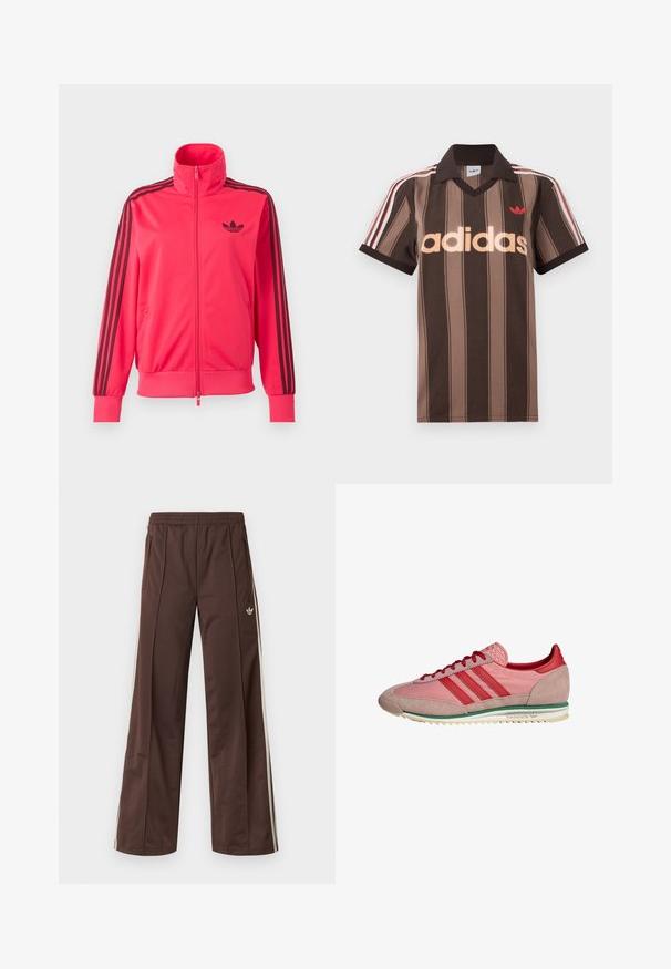 Lyserød træningsjakke med lynlås med sort Adidas-logo på brystet og tre sorte striber ned ad hver ærme.; Brunstribet Adidas polo-shirt med V-hals, bordeaux krave og rødt logo. Har hvide og røde skulderstriber samt korte ærmer.; Brune atletiske bukser med vidde ben, hvide striber på siden, elastisk linning og to sidelommer. Har et lille logo på benet.; Pink og rød Adidas-sneaker med ruskindstå og hæl, røde snørebånd, grøn stribe over hvid sål, set fra siden.