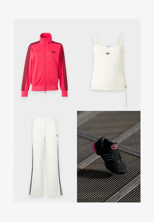 Knallpinkes Trainingsjacke mit Reißverschluss, schwarzem Adidas-Logo auf der Brust und drei schwarzen Streifen, die an jedem Ärmel herunterlaufen.; Cremefarbenes Tanktop mit dünnen Trägern; Adidas-Logo in Schwarz auf der Brust. Glatter Stoff mit Kordelzug-Detail am Saum. Einfaches Design.; Helle cremefarbene Strickhose mit Zopfmuster und ausgestelltem Schnitt. Verfügt über dunkelblaue Seitenstreifen und ein Adidas-Logo an der Hüfte. Elastischer Bund.; Schwarzer Sportschuh mit Netzobermaterial, pinken Akzenten und schwarzen gestreiften Details. Verfügt über eine strukturierte Außensohle und ein Logo-Label an der Ferse.