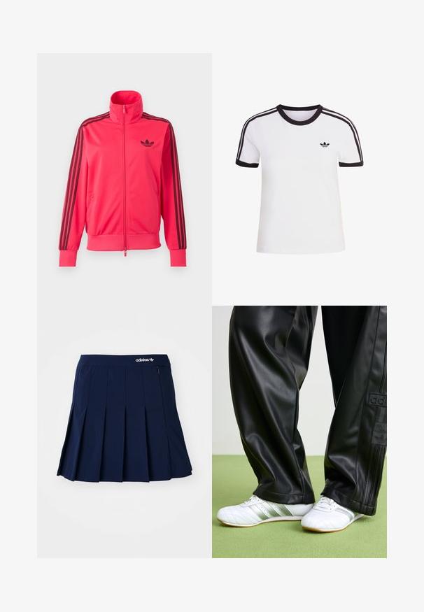 Särav roosa lukuga spordijakk, millel on rinnal must Adidas logo ja kolm musta triipu, mis kulgevad mööda iga varruka allapoole.; Valge lühikeste varrukatega T-särk mustade detailidega, ümmarguse kaelusega ja kolme musta triibuga kummalgi õlal. Väike must logo rinnal.; Tumesinine plisseeritud seelik, mis on valmistatud kergest kangast; sisaldab elastset vööd ja väikest lukuga taskut, ees on valge Adidas logo.; Mustast sünteetilisest nahast püksid, mis on lohvakas ja millel on sile tekstuur ning külgpaelad. Komplektis valged tossud hõbedaste detailidega.