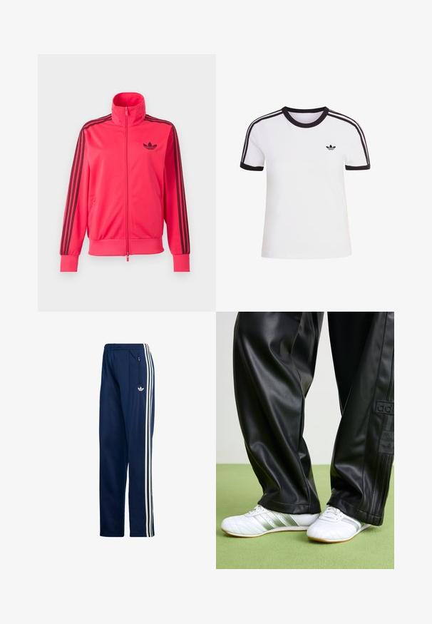Särav roosa lukuga spordijakk, millel on rinnal must Adidas logo ja kolm musta triipu, mis kulgevad mööda iga varruka allapoole.; Valge lühikeste varrukatega T-särk mustade detailidega, ümmarguse kaelusega ja kolme musta triibuga kummalgi õlal. Väike must logo rinnal.; Tumesinised sportlikud püksid, valmistatud siledast, kergest kangast, millel on kolm valget külgtriipu ja lukuga küljetasku.; Mustast sünteetilisest nahast püksid, mis on lohvakas ja millel on sile tekstuur ning külgpaelad. Komplektis valged tossud hõbedaste detailidega.