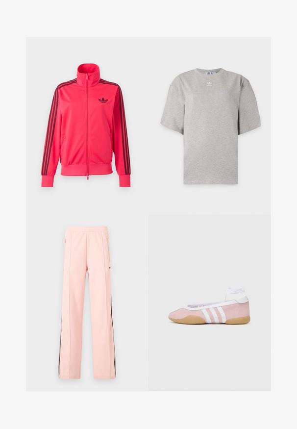 Lyserød træningsjakke med lynlås med sort Adidas-logo på brystet og tre sorte striber ned ad hver ærme.; Lysegrå Adidas T-shirt med korte ærmer, rund hals og lille hvid Adidas-logo på brystet, vist på en ensfarvet baggrund.; Lyserøde joggingbukser med sorte sidelommer med lynlås, lynlåslommer og elastik i taljen, vist på en helt hvid baggrund.; adidas Originals TAEKWONDO MEI BALLET - Sneakers - clear pink/ftwr white/gum