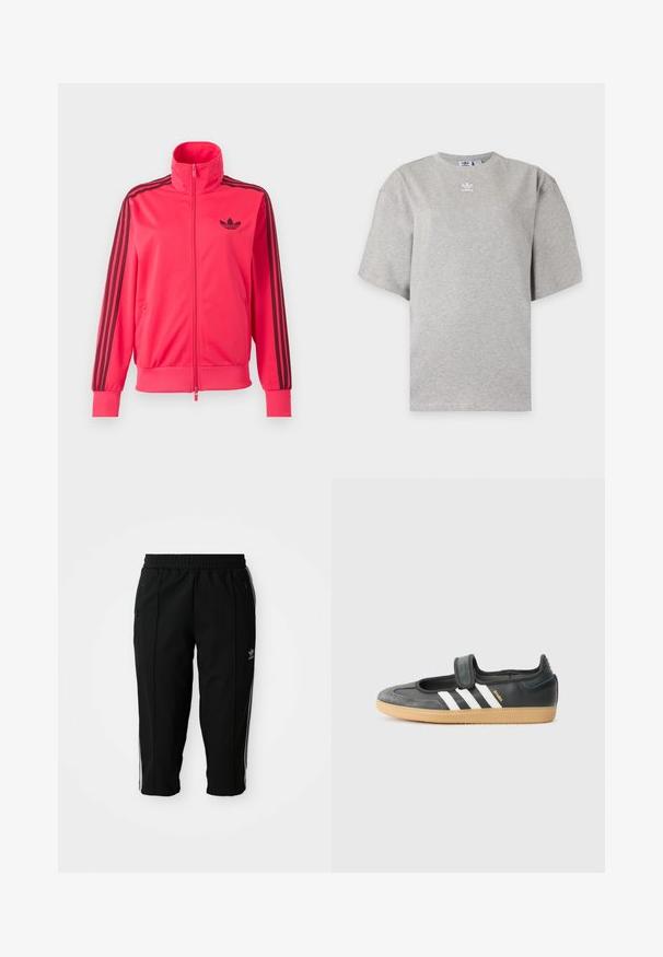 Särav roosa lukuga spordijakk, millel on rinnal must Adidas logo ja kolm musta triipu, mis kulgevad mööda iga varruka allapoole.; Helehall Adidas lühikeste varrukatega t-särk, ümara kaelusega ja väikese valge Adidas logoga rinnal, esitatud lihtsal taustal.; Mustad mustrid spordipüksid elastse vöökohtaga, külgedel lukk-kotid ja valged aktsenttriibud õmbluste ääres. Valmistatud siledast ja vastupidavast materjalist.; Mustmust ja sametist sneaker, millel on Velcro rihm, kolm valget triipu ja kummi tallad, küljel on silt "SAMBA".