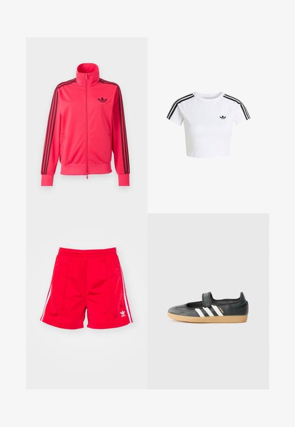 Lyserød træningsjakke med lynlås med sort Adidas-logo på brystet og tre sorte striber ned ad hver ærme.; Hvid crop top t-shirt med sort Adidas trefoil-logo på brystet og tre sorte striber langs skuldrene og ærmerne.; Røde sports shorts med elastisk talje, der har hvide sideløbninger og et broderet logo nederst til venstre. Glat tekstur.; Sort læder- og ruskinds sneakers med en Velcro-rem, der har tre hvide striber og en gummisål, mærket "SAMBA" på siden.