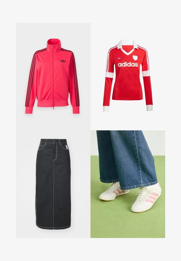 Felroze trainingsjas met rits, met zwart Adidas-logo op de borst en drie zwarte strepen langs elke mouw.; Rode lange mouwen voetbalshirt met een witte kraag en manchetten. Heeft drie witte strepen op de schouders en het "adidas" logo prominent weergegeven.; Zwarte denim midi-rok met witte verticale strepen. Heeft een knoop taille, twee voorzakken en contrasterende stiksels. Rechte snit.; Witte sportschoenen met roze strepen, textuurleer en platte rubberen zool, gecombineerd met brede spijkerbroeken op een groene vloer.