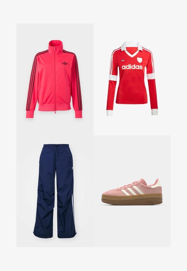 Svetloružová športová bunda na zips s čiernym logom Adidas na hrudi a tromi čiernymi pruhmi na každom rukáve.; Červený futbalový dres s dlhým rukávom a bielym golierom a manžetami. Na ramenách sú tri biele pruhy a výrazne zobrazené logo "adidas".; Tmavomodré, ľahké nohavice s elastickým pásom a sťahovacou šnúrkou, so svetlými bočnými pásmi a malým logom na prednej strane. Strih voľného strihu.; adidas Originals GAZELLE BOLD - Tenisky - mauve/off white