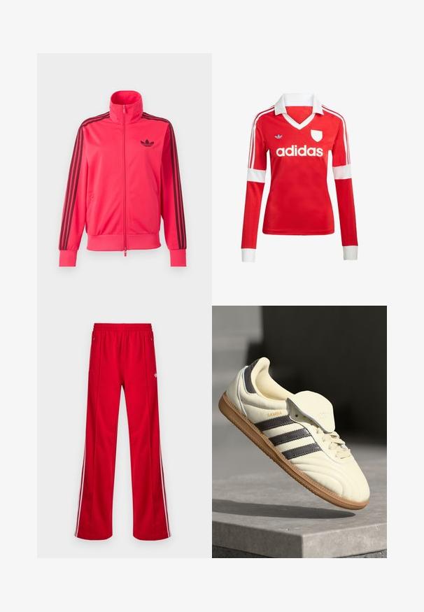Felroze trainingsjas met rits, met zwart Adidas-logo op de borst en drie zwarte strepen langs elke mouw.; Rode lange mouwen voetbalshirt met een witte kraag en manchetten. Heeft drie witte strepen op de schouders en het "adidas" logo prominent weergegeven.; Rode sportieve broek met een losse pasvorm, elastische tailleband, twee zijzakken en witte zijstrepen. Gemaakt van glad, synthetisch materiaal.; Crème leren sneaker met drie donkere strepen, een bruine gumrubberen zool en een ronde neus. Voorzien van een opvouwbare tong met het label "SAMBA."