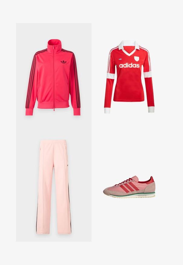 Knallpinkes Trainingsjacke mit Reißverschluss, schwarzem Adidas-Logo auf der Brust und drei schwarzen Streifen, die an jedem Ärmel herunterlaufen.; Rotes Fußballtrikot mit langen Ärmeln, weißem Kragen und weißen Ärmelbündchen. Es hat drei weiße Streifen auf den Schultern und das "adidas"-Logo ist auffällig platziert.; Hellrosa Jogginghose mit schwarzen Seitenstreifen, Reißverschlusstaschen und elastischem Bund, präsentiert auf weißem Hintergrund.; Pink-rote Adidas-Sneaker mit Wildleder an Zehen- und Fersenpartie, roten Schnürsenkeln, grünem Streifen über der weißen Sohle, seitlich betrachtet.