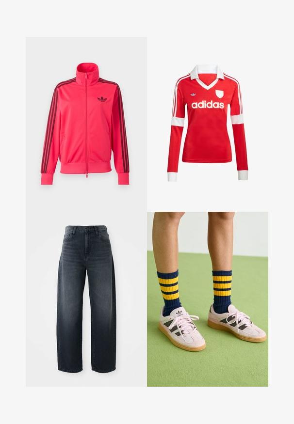 Särav roosa lukuga spordijakk, millel on rinnal must Adidas logo ja kolm musta triipu, mis kulgevad mööda iga varruka allapoole.; Punane pikade varrukatega jalgpallipluus valge krae ja varrukateotstega. Omab kolme valget triipu õlgadel ja väljapaistvat "adidas" logo.; Laia teksad tumeda pesu, kõrgema vöökohaga, klassikalise nööbi ja tõmblukuga ning õrna tuhmumisega ees.; Kerged roosa seemisnahast tossud mustade triipudega ja kummist tallaga, koos tumesiniste ja kollaste triipudega ribakudumiga sokkidega. Roheline tekstuuriga põrand.