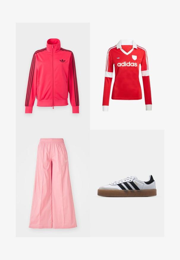 Lyserød træningsjakke med lynlås med sort Adidas-logo på brystet og tre sorte striber ned ad hver ærme.; Rød langærmet fodboldtrøje med hvid krave og manchetter. Har tre hvide striber på skuldrene og "adidas" logoet fremtrædende vist.; Lyserøde brede bukser lavet af let materiale, med elastisk talje og diskrete hvide side striber. Lille logo på fronten.; Hvide lædersneakers med sorte striber, gummirubber sål, rund tå, snørelukning og blød grå ruskinds tåhætte.