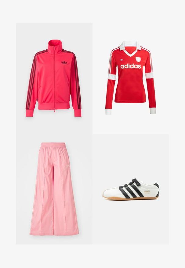 Knallpinkes Trainingsjacke mit Reißverschluss, schwarzem Adidas-Logo auf der Brust und drei schwarzen Streifen, die an jedem Ärmel herunterlaufen.; Rotes Fußballtrikot mit langen Ärmeln, weißem Kragen und weißen Ärmelbündchen. Es hat drei weiße Streifen auf den Schultern und das "adidas"-Logo ist auffällig platziert.; Rosa weit geschnittene Hosen aus einem leichten Stoff, mit einem elastischen Bund und dezenten weißen Seitenstreifen. Kleines Logo auf der Vorderseite.; Weißer Adidas-Tokyo-Sneaker mit schwarzen Streifen, schwarzen Klettverschlüssen und Gummisohle, seitlich auf weißem Hintergrund dargestellt.