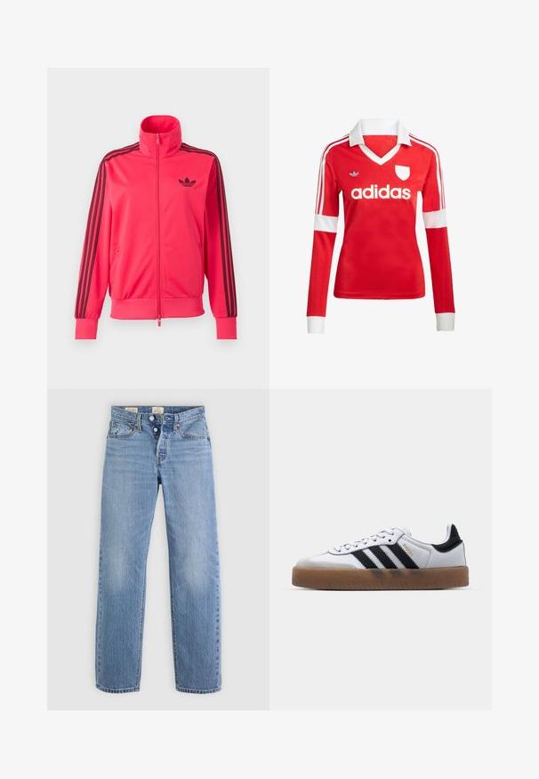 Felroze trainingsjas met rits, met zwart Adidas-logo op de borst en drie zwarte strepen langs elke mouw.; Rode lange mouwen voetbalshirt met een witte kraag en manchetten. Heeft drie witte strepen op de schouders en het "adidas" logo prominent weergegeven.; Lichtblauwe denim jeans met een recht model, metalen knoopsluiting, zijzakken en subtiele vervagingdetails doorheen.; Witte leren sneakers met zwarte strepen, gumrubberen buitenzool, ronde neus, vetersluiting en een zachte grijze suède neuskap.