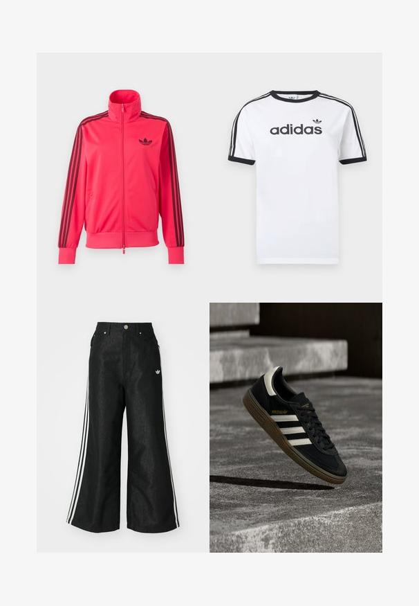Särav roosa lukuga spordijakk, millel on rinnal must Adidas logo ja kolm musta triipu, mis kulgevad mööda iga varruka allapoole.; Valge puuvillane T-särk mustade detailidega, millel on ümara kaelusega, lühikesed varrukad, kolm musta triipu õlgadel ja must "adidas" logo.; Mustad mustadeline denimipüksid, millel on kummalgi küljel kolm valget triipu ja väike valge logo. Omab esikotte ja nööbiga kinnihoidmist.; Must Adidas toss, valgete triipude ja kummist Tallaga, hõljumas halli betoonastmete kohal loomulikus valguses.