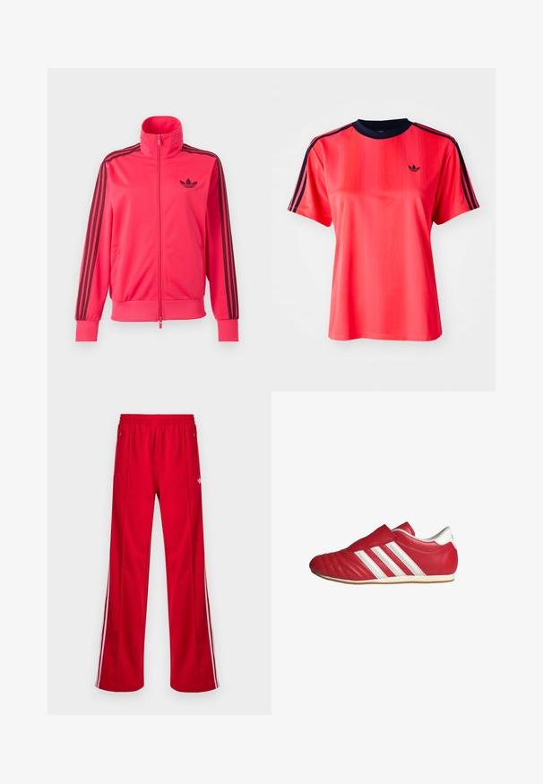 Felroze trainingsjas met rits, met zwart Adidas-logo op de borst en drie zwarte strepen langs elke mouw.; Rode sportieve t-shirt met korte mouwen, voorzien van verticale strepen, een marineblauwe ronde hals en een klein zwart logo op de voorkant.; Rode sportieve broek met een losse pasvorm, elastische tailleband, twee zijzakken en witte zijstrepen. Gemaakt van glad, synthetisch materiaal.; Rode leren sportschoen met een ronde punt, gestructureerde bovenkant, witte zijstrepen en klittenbandsluiting. Platte rubberen zool voor grip.