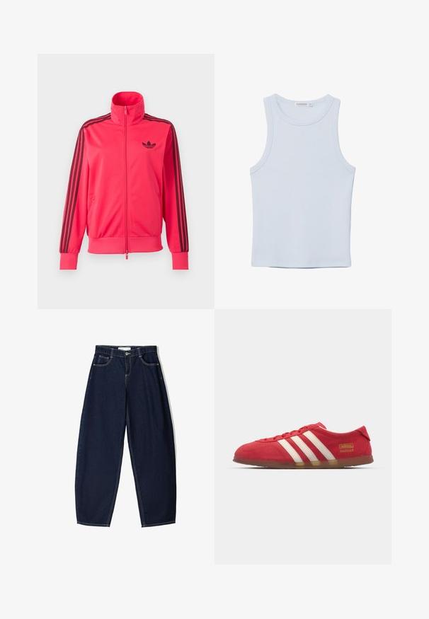 Svetloružová športová bunda na zips s čiernym logom Adidas na hrudi a tromi čiernymi pruhmi na každom rukáve.; Svetlo modré bezrukávové tričko vyrobené z mäkkej bavlnenej tkaniny. Má okrúhly výstrih a hladké okraje, bez viditeľných vzorov alebo akcentov.; Tmavomodré džínsy so širokým strihom, ktoré majú päť vreciek, kontrastné stehy a predný zips.; Červené semišové tenisky s bielym trojpruhovým dizajnom, plochou podrážkou a zlatým logom. Nízky strih s okrúlou špičkou a šnurovaním.
