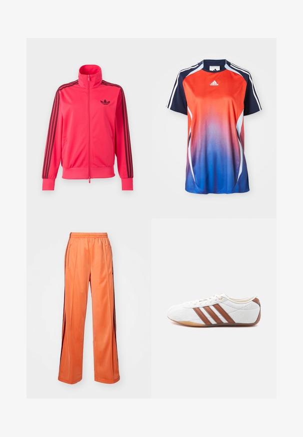 Knallpinkes Trainingsjacke mit Reißverschluss, schwarzem Adidas-Logo auf der Brust und drei schwarzen Streifen, die an jedem Ärmel herunterlaufen.; Adidas Sportshirt mit kurzen Ärmeln in einem Farbverlauf von Rot zu Blau, mit marineblauen Akzenten und weißen Streifen an den Schultern.; Orange Sporthosen aus glattem Material mit weit geschnittenem Design, elastischem Bund und kontrastierenden Seitestreifen.; Weißer Sneaker mit niedrigem Schaft, braunen Lederstreifen, Schnürverschluss und einer Laufsohle aus Gummimaterial, von der Innenseite auf weißem Hintergrund gezeigt.