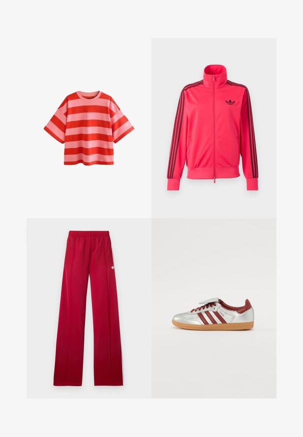 Sytě růžová sportovní bunda na zip s černým logem Adidas na hrudi a třemi černými pruhy na každém rukávu.; Next OVERSIZED CREW NECK - Triko s potiskem - red pink; Červené široké teplákové kalhoty s elastickým pasem, postranními kapsami na zip, bílými pruhy po stranách a malým bílým logem na levém stehně.; Stříbrné sportovní boty s červenými pruhy, texturovanou gumenou podrážkou a suchým zipem na vršku. Mají hladký kožený povrch a polstrovaný límec.