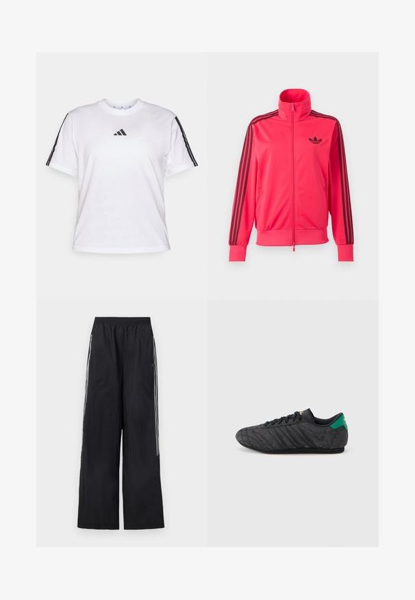 Svetloružová športová bunda na zips s čiernym logom Adidas na hrudi a tromi čiernymi pruhmi na každom rukáve.; Biela bavlnená tričko s okrúhlym výstrihom, krátkymi rukávmi a čiernymi trojprúžkovými akcentmi na pleciach so značkou Adidas na hrudi.; Čierne široké teplákové nohavice s elastickým pásom a tromi bielymi pruhmi na boku každej nohavice.; Čierna nízka teniska s jemným kvetinovým vzorom, čiernymi šnúrkami, zelenou pätovou záložkou a zlatým logom na jazyku a päte.