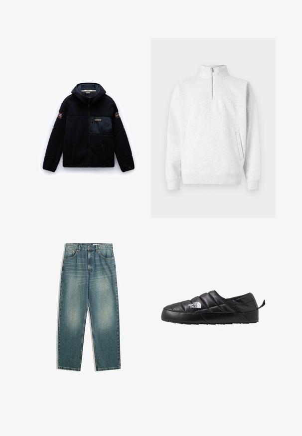 Fleecejakke i mørk navy, med en tekstureret yderside, lynlås-lommer og et kontrastfarvet sort brystpanel med logo og patch-detaljer.; Lys grå kvart-zip pullover lavet af blødt stof. Har en høj krave, lange ærmer og en frontlomme med subtil branding.; Lys blå denim jeans med høj talje, vide ben og subtilt slid; har fem lommer og metal knapdetaljer.; Sort slip-on sko med et quiltet design, lavet af polstret materiale. Har en struktureret gummisål og et lille trækstrop bagpå.