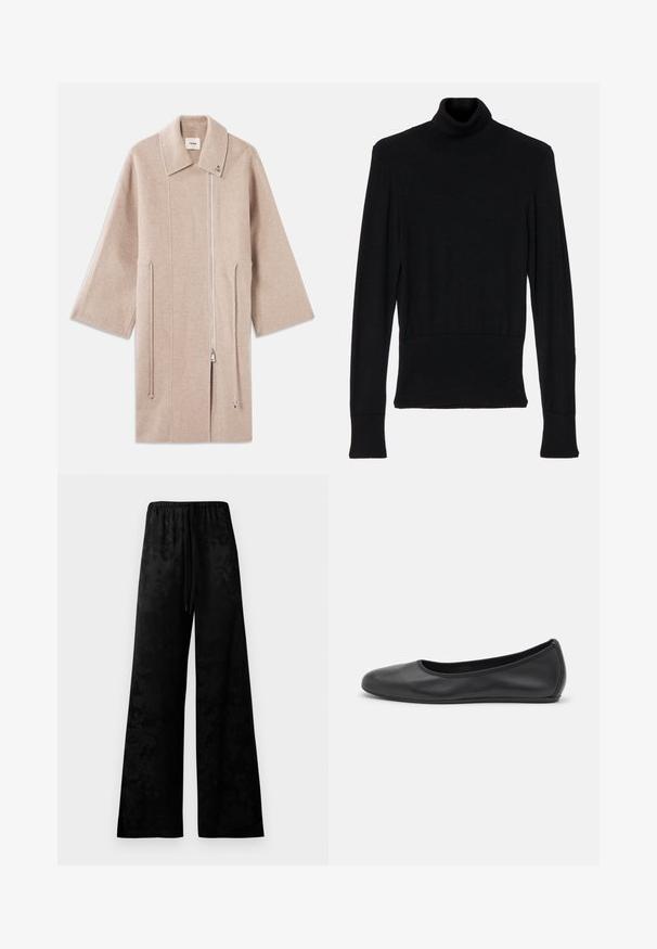 Manteau en mélange de laine beige avec un col montant, fermeture zippée à l'avant, poches latérales et manches larges ; texture lisse et design minimaliste.; AERON TENDER LONG SLEEVED - Pullover - black; Pantalons noirs à jambes larges en tissu lisse, dotés d'une taille élastique, d'un cordon de serrage et d'un motif floral subtil.; Ballerines en cuir noir avec un bout rond, texture lisse, détails de couture minimalistes et design de semelle flexible.