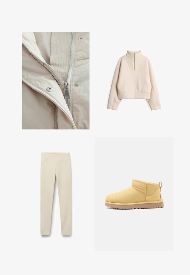 Daunenjacke mit einem hellbeigen Außenmaterial, das eine glatte Textur, ein gestepptes Muster, einen auffälligen silbernen Reißverschluss und Druckknopfdetails aufweist.; Fleece-Pullover in hellbeige mit hohem, geripptem Kragen und einem halben Reißverschluss. Hat ein strukturiertes Gewebe und einen verkürzten Schnitt mit gerippten Bündchen.; Beige Leggings mit hohem, breitem Bund, gefertigt aus einem weichen, elastischen Stoff. Gerade Beinform ohne sichtbare Nähte oder Muster.; Kurzer beiger Wildleder-Stiefelette mit flacher Gummisohle, sichtbarer Naht und Lasche hinten vor schlichtem Hintergrund.
