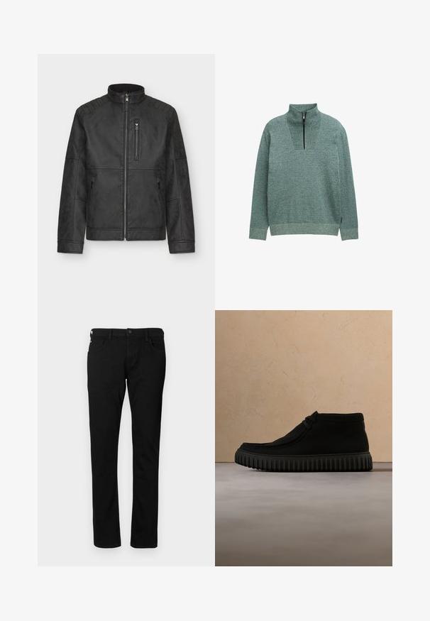 Veste en cuir synthétique noire avec un col montant, fermeture éclair à l'avant et détails matelassés aux épaules. Comprend deux poches latérales et une poche poitrine.; Pull-over en maille à manches longues avec un tissu vert texturé et une fermeture éclair quart de zip au col haut, présenté sur un fond uni.; Jean en denim noir à coupe ajustée, avec poches avant, passants de ceinture et fermeture à bouton. Texture lisse avec une couleur unie.; Bottes de cheville noires en matériau doux, avec un bout rond, un lacet minimal, et une semelle en caoutchouc texturée comportant des rainures verticales.