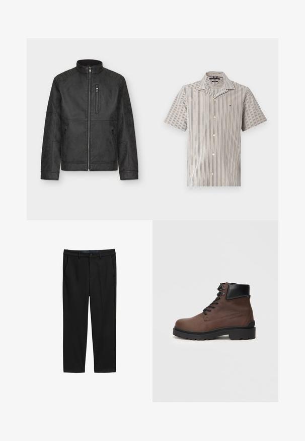 Musta tekonahkainen takki, jossa on pystykaulus, edessä vetoketju ja pehmustetut olkapäätydetails. Sisältää kaksi sivutaskua ja rintataskun.; Lyhythihainen nappipaita, jossa on beige ja tummansininen pystysuora raidoitus, leikattu kaulus ja kevyttä kangasta. Koristeltu pienellä logolla.; Mustat suorat housut, valmistettu teksturoidusta kankaasta. Varustettu kahdella etutaskulla ja nappikiinnityksellä vyötäröllä.; Ruskeat nahkaiset nilkkureiden, joissa on teksturoitu pinta, mustat yksityiskohdat, pyöreä kärki ja kestävä pohja, kuusi reikää nauhoille.