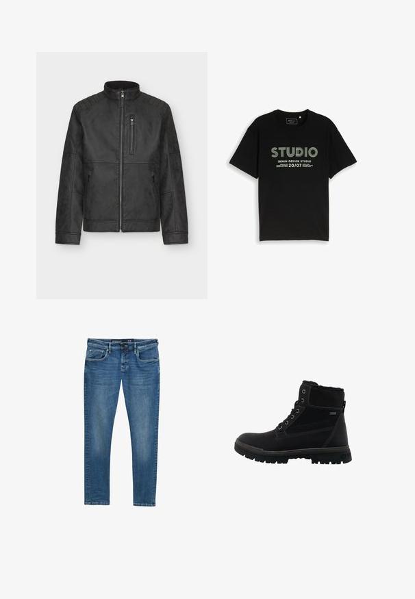 Sort kunstlæderjakke med ståkrave, frontlynlås og polstrede skulderdetaljer. Har to sidelommer og en brystlomme.; Sort t-shirt med korte ærmer med "STUDIO" i store stribede bogstaver og mindre tekst, der lyder "DENIM DESIGN STUDIO 20/07" foran i midten.; Blå denim jeans med lige ben, fem-lomme design, subtil vask på lårene, og en waistband label der angiver størrelse 31/32.; Sorte ankelstøvler med tekstureret syntetisk overdel, polstret krave, snøre foran og tyk gummisål med mønster for godt greb.