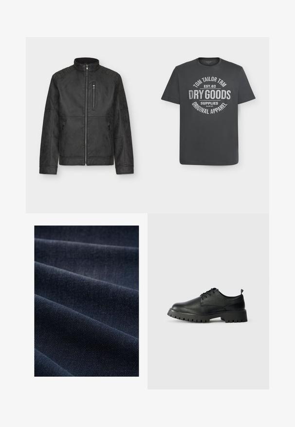 Schwarze Kunstlederjacke mit Stehkragen, Frontreißverschluss und gepolsterten Schultern. Verfügt über zwei seitliche Taschen und eine Brusttasche.; Dunkelgraues T-Shirt mit kurzen Ärmeln und rundem Ausschnitt, vorne zentriert mit weißem Text "Tom Tailor TRM Est. 62 Dry Goods Supplies Original Apparel" bedruckt.; Dunkelblaue Denim-Stoff mit geripptem Muster, das Falten und Wellen zeigt und somit sein Gewicht und seine Strapazierfähigkeit betont.; Schwarze Leder Schnürschuhe mit runder Spitze, strukturierten Oberflächen und dicker Gummisohle mit tiefen Profilen für besseren Grip.