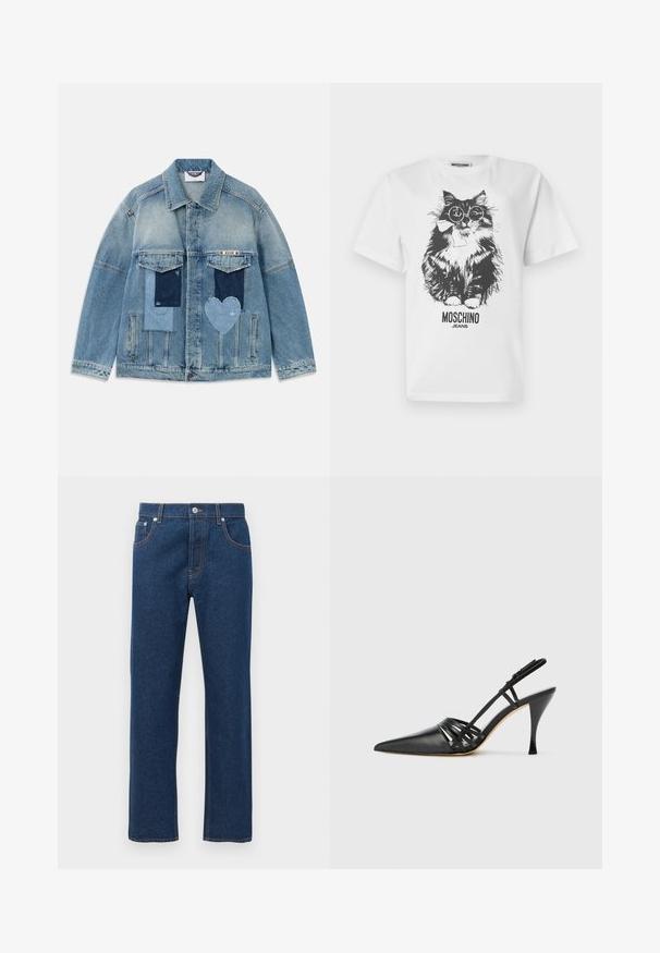 Lyseblå denimjakke med patchwork-design, herunder rektangulære og hjerteformede lapper, forlommer og knaplukning.; Hvid T-shirt med sort grafik af en fluffy kat, der bærer runde briller og en sløjfe, med teksten "MOSCHINO JEANS" nedenunder.; Mørkeblå denim jeans med lige ben, for- og baglommer, bæltestropper, knaplukning og synlig orange sytråd.; Sort læder højhælede slingback-sko med spids tå, crisscross-remdesign og slank stiletto-hæl. Glat tekstur og minimale accenter.