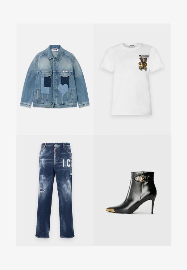 Lyseblå denimjakke med patchwork-design, herunder rektangulære og hjerteformede lapper, forlommer og knaplukning.; Hvid t-shirt med korte ærmer med en lille brun teddybjørn indpakket i et gult målebånd og tekst "MOSCHINO" på øverste venstre bryst.; Mørkeblå denimjeans med slidte lapper, lyse malingspletter og fed hvid tekst. Straight leg design med en klassisk pasform.; Sort ankelstøvle lavet af skinnende læder med spids tå, stilet hæl og guldfarvet hardware med en dekorativ spænde-detalje.