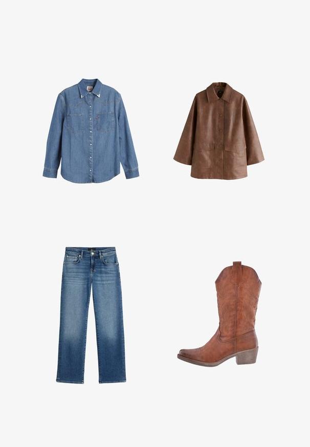 Chaqueta oversized de imitación cuero marrón con mangas anchas, gran solapa, botones frontales y dos bolsillos de solapa en la parte delantera.; Camisa de mezclilla azul clara con mangas largas, cuello puntiagudo, dos bolsillos en el pecho y costuras en contraste. Presenta un diseño de canesú de estilo occidental.; Vaqueros azules de corte recto con bolsillos delanteros, trabillas para cinturón y cierre de botones, con un ligero desgaste en los muslos y las rodillas.; Bota vaquera de cuero marrón con costuras decorativas, punta puntiaguda y tacón bajo apilado. La caña tiene un diseño ligeramente holgado.