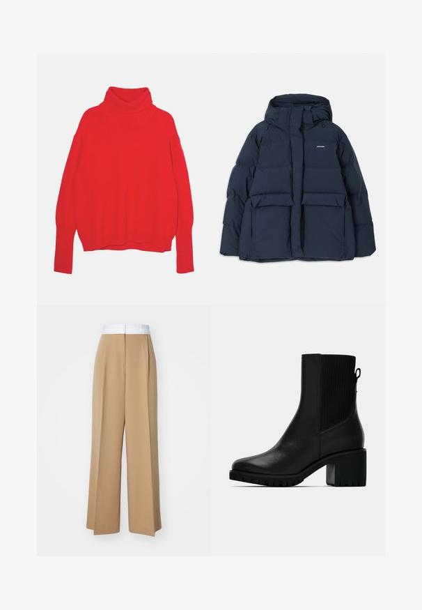 Mørkeblå pufferjakke med hætte, der har to frontlommer, en lynlåslukning og strukturerede quiltede sektioner. Letvægtsdesign.; Rød strikket turtle neck trøje med en afslappet pasform, lange ærmer, ribbede manchetter og kant. Glat tekstur og ensfarvet hele vejen igennem.; Bredde benbukser i et lysebrunt stof med en kontrasterende hvid talje. Har rene linjer og ingen synlige mønstre eller udsmykninger.; Sort læderankelstøvle med ribbet elastisk sidepanel, blokhæl og tekstureret sål for greb. Glat finish med minimal hardware.