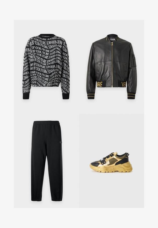 Blouson aviateur en cuir noir avec une fermeture éclair dorée, des poignets et une ceinture côtelés, et une poche sur la manche gauche. Présente les mots « VER » et « SAGE » brodés en doré.; Un pull à col rond à manches longues noir avec un texte blanc déformé et répétitif "Versace Jeans Couture" sur l'ensemble du tissu.; Pantalons de survêtement noirs avec une taille élastique, des jambes fuselées et une petite patch de marque. Fabriqués en tissu lisse et léger.; Baskets noires et dorées avec un dessus en maille, une semelle épaisse et des accessoires décoratifs. Présente un patch logo bien en évidence au niveau du laçage.