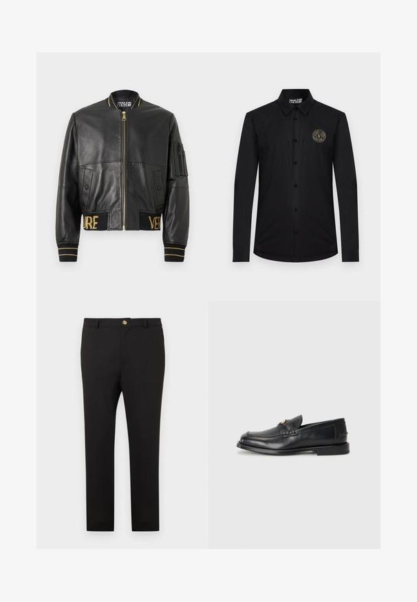 Blouson aviateur en cuir noir avec une fermeture éclair dorée, des poignets et une ceinture côtelés, et une poche sur la manche gauche. Présente les mots « VER » et « SAGE » brodés en doré.; Chemise noire à manches longues avec boutons, col et écusson du logo Versace Jeans Couture sur le côté gauche de la poitrine.; Pantalon noir coupe slim avec fermeture à boutons dorés et passants pour ceinture, présenté sur un fond blanc uni.; Des mocassins en cuir noir présentent un bout arrondi, des détails cousus et un petit accent doré à l'avant. La semelle est plate et discrète.