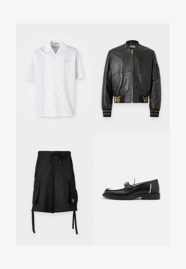 Chaqueta bomber de cuero negro con cremallera dorada, puños y dobladillo acanalados, y un bolsillo en la manga izquierda. Presenta las palabras "VER" y "SAGE" bordadas en dorado.; Camisa blanca de manga corta hecha de algodón con cierre frontal de botones. Presenta un logo bordado sutil en el pecho. Diseño clásico de cuello.; Pantalones cortos cargo negros que cuentan con una cintura ajustable con cordón, múltiples bolsillos laterales y correas de tela en el dobladillo para longitud ajustable. Textura suave.; Mocasín de piel negra con punta redondeada, acentos en blanco y herrajes dorados en la parte superior. Presenta un parche texturizado y un tacón apilado.