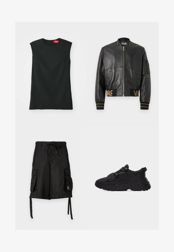 Chaqueta bomber de cuero negro con cremallera dorada, puños y dobladillo acanalados, y un bolsillo en la manga izquierda. Presenta las palabras "VER" y "SAGE" bordadas en dorado.; Top negro sin mangas con escote redondo, fabricado en tejido suave, y con cremallera en la parte posterior. Presenta una pequeña etiqueta roja con el logo '032c' en el cuello.; Pantalones cortos cargo negros que cuentan con una cintura ajustable con cordón, múltiples bolsillos laterales y correas de tela en el dobladillo para longitud ajustable. Textura suave.; Zapatilla deportiva negra de suela gruesa con paneles de malla y cuero, suela gruesa y texturizada, cierre de cordones y una correa con tachuelas metálicas sobre los cordones.