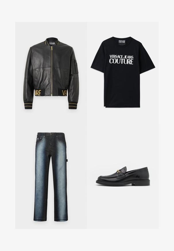 Zwarte leren bomberjack met een gouden ritssluiting, geribbelde boorden en zoom, en een zak op de linker mouw. Heeft de gouden borduursels "VER" en "SAGE".; Zwarte katoenen t-shirt met korte mouwen, voorzien van grote witte tekst "VERSACE JEANS COUTURE" op de voorkant. Klassiek ontwerp met ronde hals.; Donkere blauwe spijkerbroek met een ombre-ontwerp, dat verloopt van diep zwart naar een lichtere blauwe kleur, met een standaard stijl van vijf zakken en een lichte wassing.; Zwarte leren instappers met een ronde neus, voorzien van een gouden hardware accent en stikdetails, geplaatst op een lage, getextureerde rubberen zool.