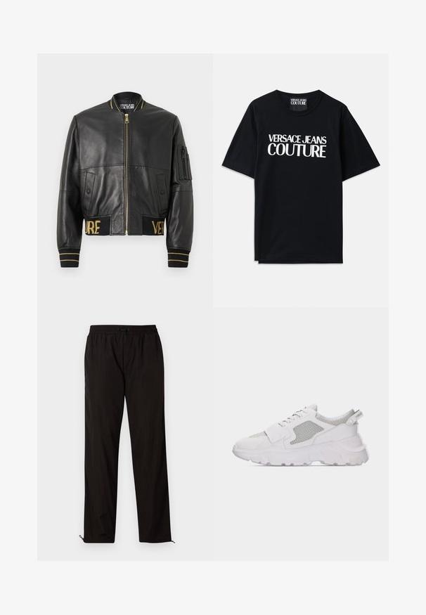 Schwarze Leder-Bomberjacke mit goldenem Reißverschluss, gerippten Bündchen und Saum sowie einer Tasche am linken Ärmel. Verziert mit goldener Stickerei der Schriftzüge "VER" und "SAGE".; Schwarzes Baumwoll-T-Shirt mit kurzen Ärmeln, das auf der Vorderseite den großen weißen Text "VERSACE JEANS COUTURE" trägt. Klassisches Rundhalsdesign.; Schwarze leichte Hose mit elastischem Bund, Kordelzugverschluss und Reißverschluss am Saum für eine verstellbare Passform. Glatte, elegante Textur.; Weißer klobiger Sneaker mit seitlichen Mesh-Einsätzen, Schnürverschluss, dicker strukturierter Sohle und Zuglasche an der Ferse auf schlichtem hellem Hintergrund.