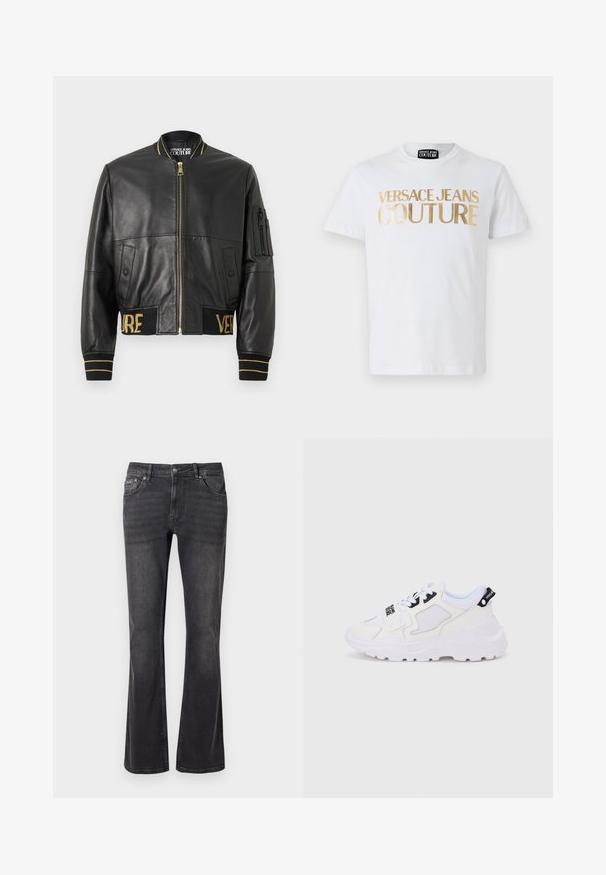Sort læderbomberjakke med gyldent lynlås, ribstrikkede ærmeafslutninger og kant samt en lomme på venstre ærme. Har "VER" og "SAGE" broderet i guld.; Hvid bomulds t-shirt med fedt guld "VERSACE JEANS COUTURE" tekst på fronten. Rund hals og korte ærmer.; Sorte denimbukser med en flared design, fem lommer og metalknaplukning. Stoffet har en glat tekstur med subtil slid.; Hvide atletiksneakers med en chunky sål, mesh og syntetisk overdel, sorte accentdetaljer og snørebånd. Tekstureret design og logo på hælen.