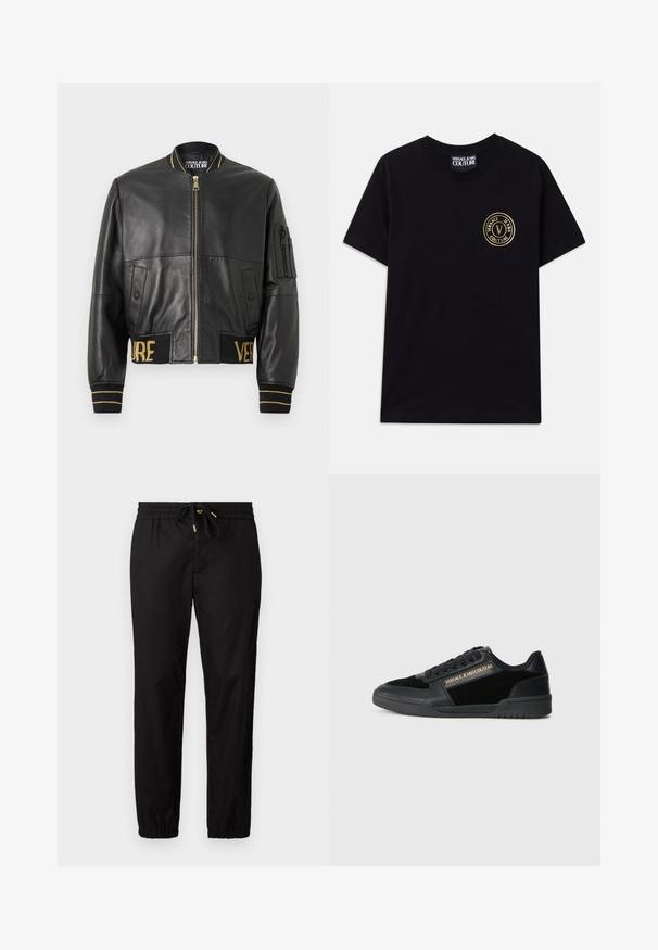 Schwarze Leder-Bomberjacke mit goldenem Reißverschluss, gerippten Bündchen und Saum sowie einer Tasche am linken Ärmel. Verziert mit goldener Stickerei der Schriftzüge "VER" und "SAGE".; Schwarzes Baumwoll-T-Shirt mit Rundhalsausschnitt und kurzen Ärmeln. Besitzt ein goldfarbenes, rundes Logo auf der linken Brust. Einfaches, unauffälliges Design.; Schwarze Hose mit einem elastischen Bund und Kordelzug. Hat schmal zulaufende Beine mit elastischen Bündchen. Glattes, leichtes Material.; Schwarzer Sneaker mit glattem Lederfinish und Wildlederakzenten. Verfügt über ein Low-Top-Design, Schnürsenkel und goldene Logodetails an der Seite.