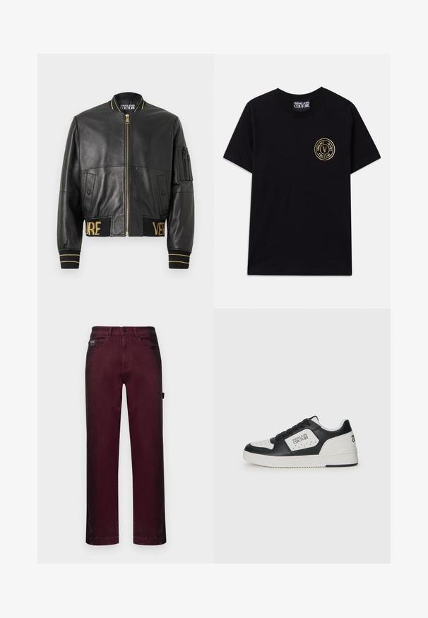 Schwarze Leder-Bomberjacke mit goldenem Reißverschluss, gerippten Bündchen und Saum sowie einer Tasche am linken Ärmel. Verziert mit goldener Stickerei der Schriftzüge "VER" und "SAGE".; Schwarzes Baumwoll-T-Shirt mit Rundhalsausschnitt und kurzen Ärmeln. Besitzt ein goldfarbenes, rundes Logo auf der linken Brust. Einfaches, unauffälliges Design.; Burgunderfarbene Denim-Hosen mit geradem Schnitt, fünf Taschen, Metallknopfverschluss und Gürtelschlaufen für eine verstellbare Passform.; Schwarzer und weißer Sneaker mit einem glatten Lederobermaterial, durchlöcherter Zehenbox, kontrastierendem weißen Element und Logodetails an der Seite und Ferse.