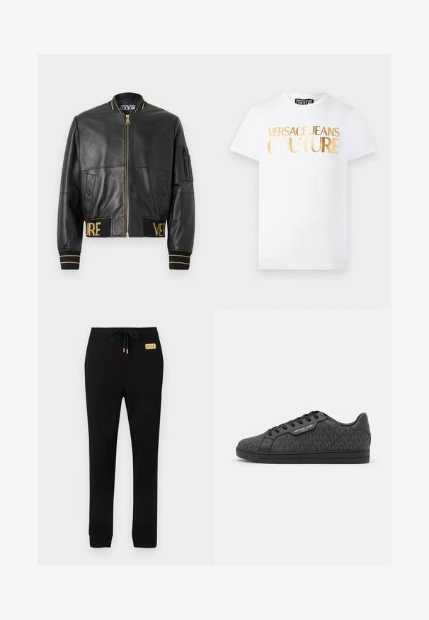 Zwarte leren bomberjack met een gouden ritssluiting, geribbelde boorden en zoom, en een zak op de linker mouw. Heeft de gouden borduursels "VER" en "SAGE".; Wit T-shirt met korte mouwen en gouden metalen tekst "Versace Jeans Couture" aan de voorkant, met een ronde hals.; Zwarte slim-fit joggingbroek met geribbelde boorden, elastische tailleband met trekkoord en een klein geel Versace Jeans Couture logo.; Zwarte sneakers met een textuur bovenwerk van stof met een subtiel MK-patroon, zwarte leren accenten en een zwarte rubberen zool.