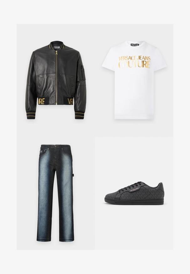Sort læderbomberjakke med gyldent lynlås, ribstrikkede ærmeafslutninger og kant samt en lomme på venstre ærme. Har "VER" og "SAGE" broderet i guld.; Hvid kortærmet T-shirt med gyldent metallisk "Versace Jeans Couture" tekst på fronten og rund halsudskæring.; Mørkeblå jeans med et ombré-design, der går fra dyb sort til en lysere blå, med en standard fem-lomme stil og en lys vasketekstur.; Sorte sneakers med en tekstureret stofoverdel med et subtilt MK-mønster, sorte læderdetaljer og en sort gummisål.