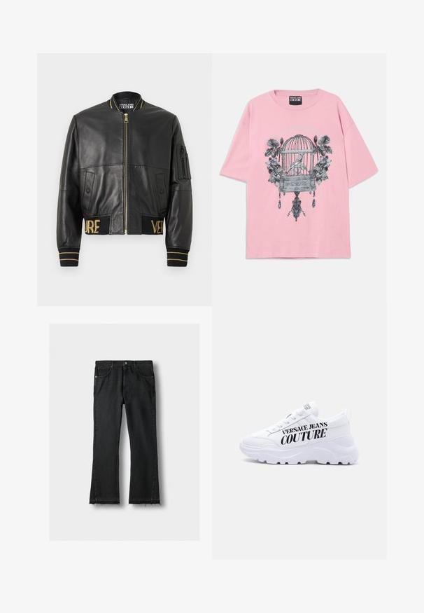 Sort læderbomberjakke med gyldent lynlås, ribstrikkede ærmeafslutninger og kant samt en lomme på venstre ærme. Har "VER" og "SAGE" broderet i guld.; Lyserød t-shirt med korte ærmer, med sort-hvide motiver af fuglebur, fugl og blomster, samt "Versace Jeans Couture" tekst på forsiden.; Sorte denimjeans med lige ben, forlommer og rå, frynset kant, lagt fladt på en lys baggrund.; Hvid chunky sneaker med tyk sål, snøredesign og "Versace Jeans Couture" trykt med fede sorte bogstaver på siden.