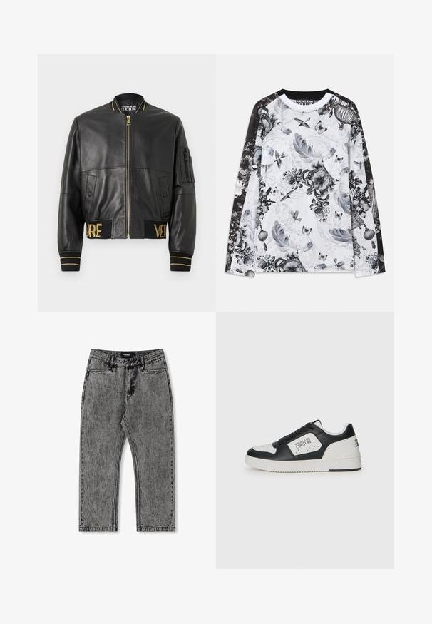 Chaqueta bomber de cuero negro con cremallera dorada, puños y dobladillo acanalados, y un bolsillo en la manga izquierda. Presenta las palabras "VER" y "SAGE" bordadas en dorado.; Camisa de manga larga blanca con mangas negras, decorada con patrones en escala de grises de plumas, aves, mariposas, coronas y elementos florales.; Jeans de mezclilla gris con un acabado desgastado, diseño de pierna recta y estilo de cinco bolsillos. Presenta una etiqueta con "FORMER" en la cinturilla.; Zapatilla en blanco y negro con parte superior de cuero liso, caja de dedos perforada, panel blanco en contraste y detalle del logotipo en el costado y el talón.