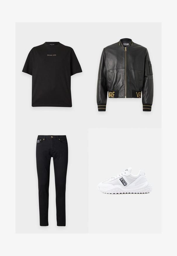 Schwarze Leder-Bomberjacke mit goldenem Reißverschluss, gerippten Bündchen und Saum sowie einer Tasche am linken Ärmel. Verziert mit goldener Stickerei der Schriftzüge "VER" und "SAGE".; Schwarzes T-Shirt mit kurzen Ärmeln und Rundhalsausschnitt, mit dem „MICHAEL KORS“-Logo in kleinem goldfarbenem Text auf der Brust zentriert.; Schwarze Denim-Jeans mit schlanker Passform, ausgestattet mit goldfarbenen Hardware-Elementen, fünf Taschen und einem kleinen Markenlabel an der rechten Tasche.; Weiße Sportsneaker mit strukturiertem Profil, Mesh- und Kunststoffeinsätzen sowie schwarzen Logo-Akzenten an der Seite. Abgerundete Spitze und Schnürdesign.