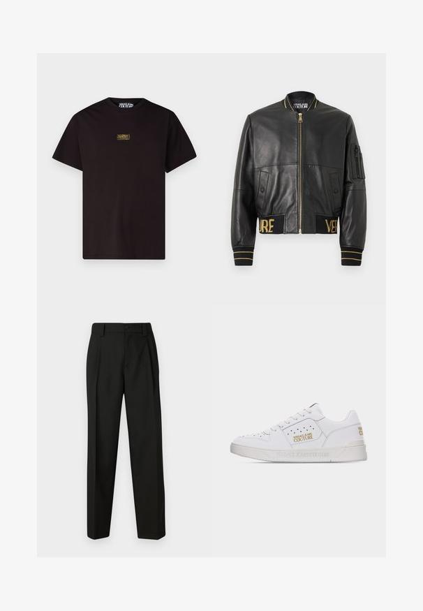 Mustast nahast pommitaja jope kuldse lukuga, soonikkoes mansettide ja äärega ning vasaku varruka taskuga. Omadused: kuldse tikandiga sõnad "VER" ja "SAGE".; Versace Jeans Couture LOGO PLACKET - Lihtne T-särk - black; Mustad püksid, mis on valmistatud siledast kangast. Omavad sirget sääreni, ühe nupuga sulgemist ja vöölooppe. Ei sisalda nähtavaid mustreid ega aksessuaare.; Valged madala säärega tossud, millel on perforeeritud detailid, eespaelad ja kuldsed "Versace Jeans Couture" logod külgedel ja kandadel.