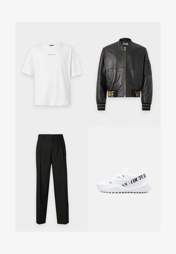 Zwarte leren bomberjack met een gouden ritssluiting, geribbelde boorden en zoom, en een zak op de linker mouw. Heeft de gouden borduursels "VER" en "SAGE".; Wit T-shirt met korte mouwen en ronde hals, met kleine rode "MICHAEL KORS" tekst gecentreerd op de borst.; Zwarte op maat gemaakte broek van gladde stof. Kenmerkt zich door een rechte pijp, een enkele knoopsluiting en riemlussen. Geen zichtbare patronen of accenten.; Witte sportsneakers met een gestructureerd bovenwerk, een gevoerde zool met rubberen accenten en een contrasterend zwart logo aan de zijkant.