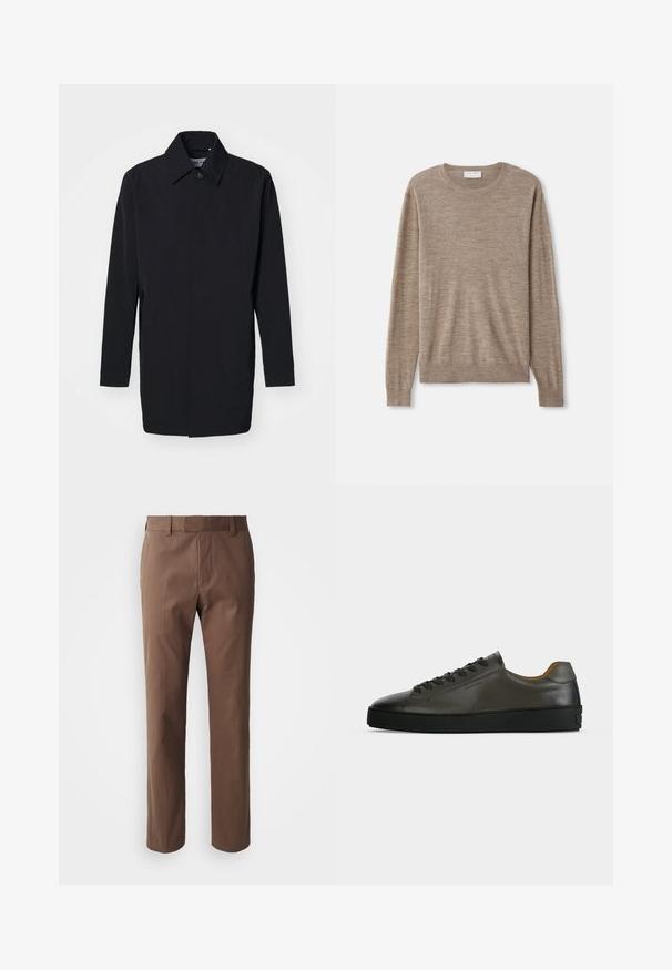 Sort letvægtsjakke med en struktureret design, knaplukning og lange ærmer. Glat tekstur og minimalistisk stil uden mønstre.; Beige sweater lavet af fint strikket materiale. Har en rund halsudskæring, lange ærmer samt ribkantede manchetter og søm. Simpelt og klassisk design.; Brune bukser med en skræddersyet pasform, flad front og to sidelommer. Lavet af et glat stof med en ren finish og uden synlige mønstre.; Lavtskåret mørkegrå læder sneaker med sorte snørebånd og sål, minimalistisk design, sideprofil på en ensfarvet lys baggrund.